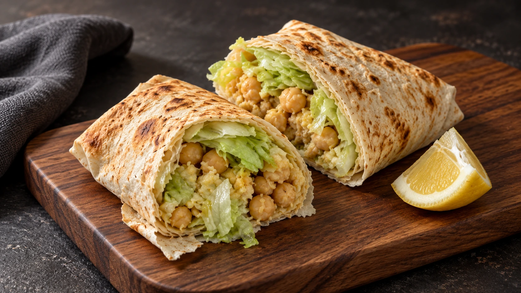 A chickpea and lettuce wrap cut in half on a wooden board, with a lemon wedge alongside