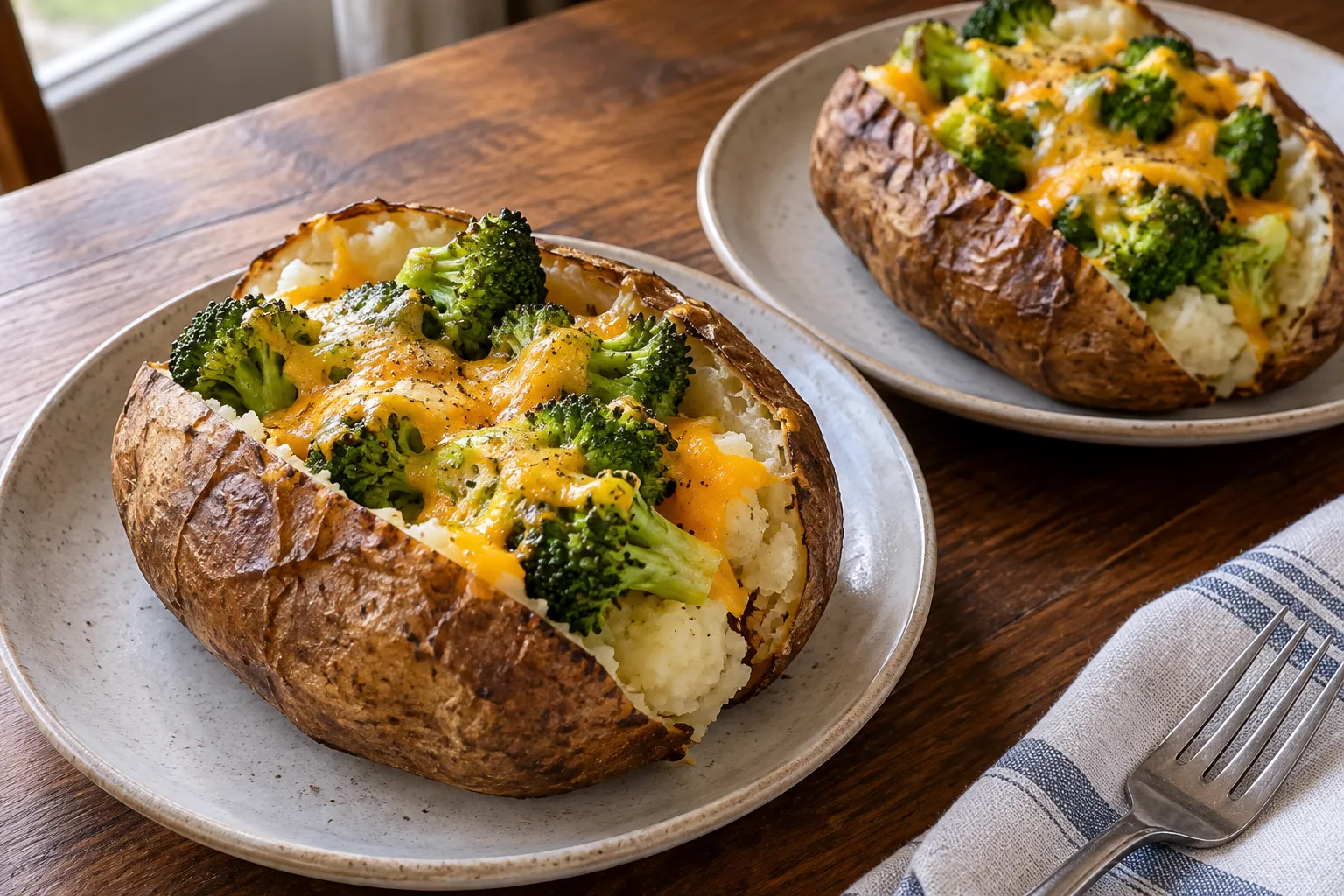 Two baked potatoes topped with broccoli and melted cheese on ceramic plates
