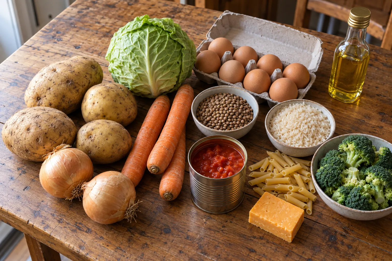 Potatoes, cabbage, carrots, onions, eggs, lentils, rice, pasta, broccoli, cheese, canned tomatoes, and oil on a wooden table