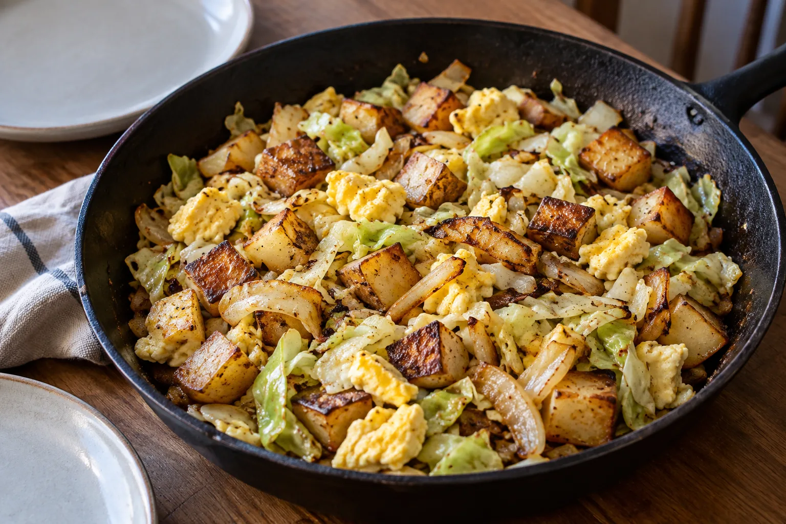 Browned potatoes, cabbage, onions, and scrambled eggs in a cast-iron skillet