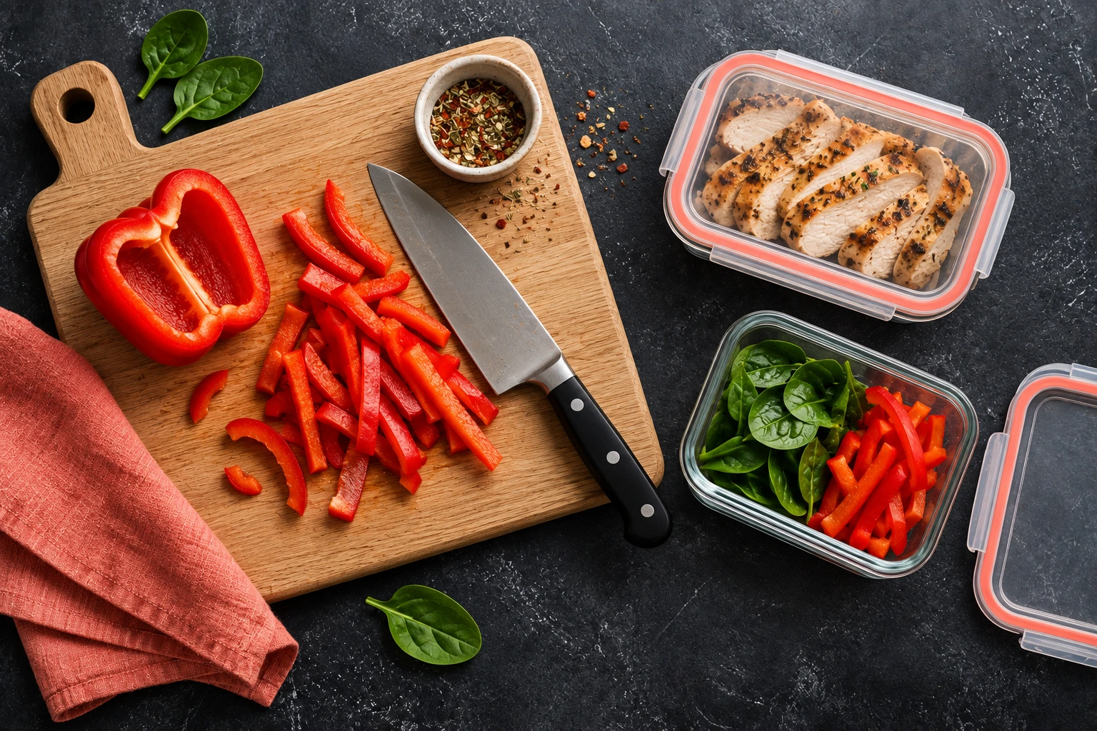 Sliced bell peppers, spinach, and cooked chicken prepared for an upcoming dinner.