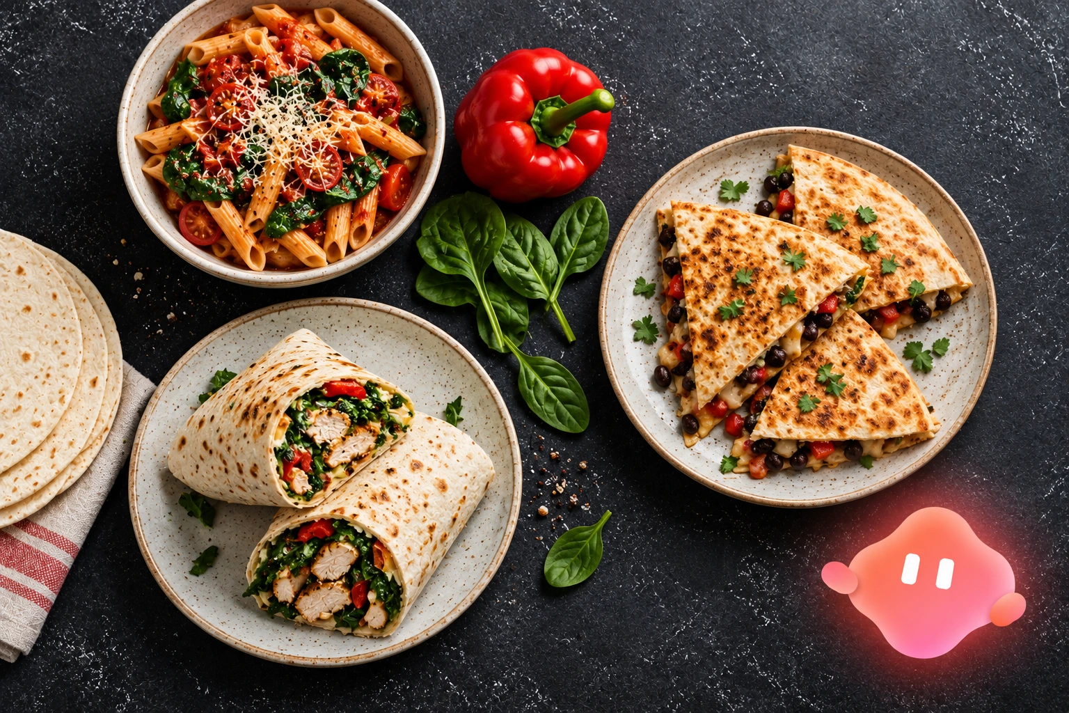 Chicken wraps, spinach pasta, and black bean quesadillas made with shared ingredients.
