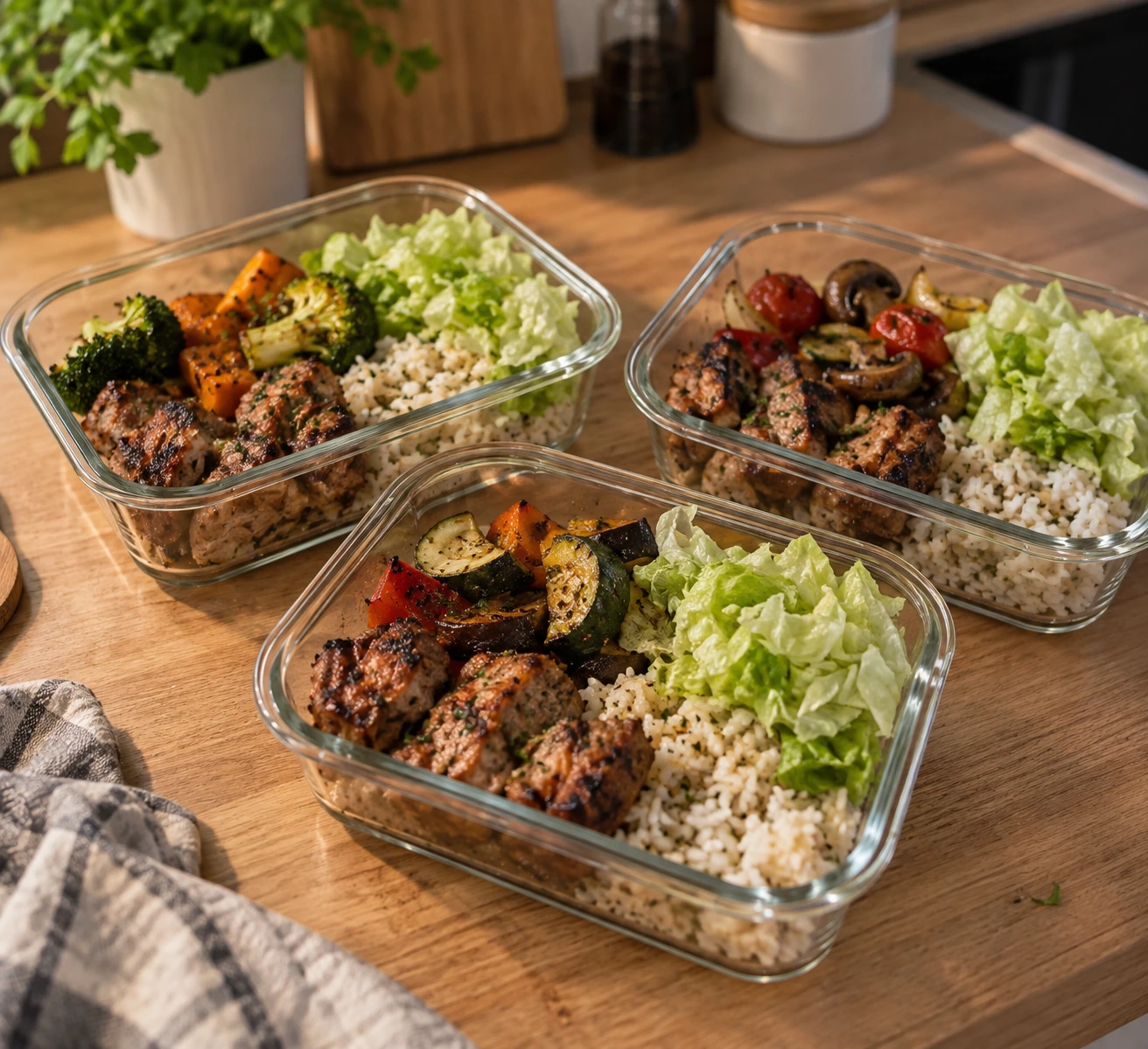 Three glass containers portioned with grilled meat, roasted vegetables, rice, and lettuce on a kitchen counter