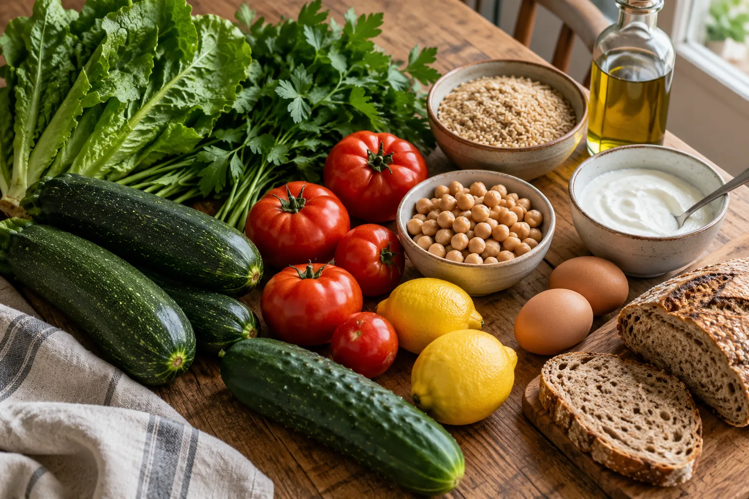Lettuce, parsley, tomatoes, zucchini, cucumber, chickpeas, grains, yogurt, eggs, lemons, bread, and olive oil on a wooden table