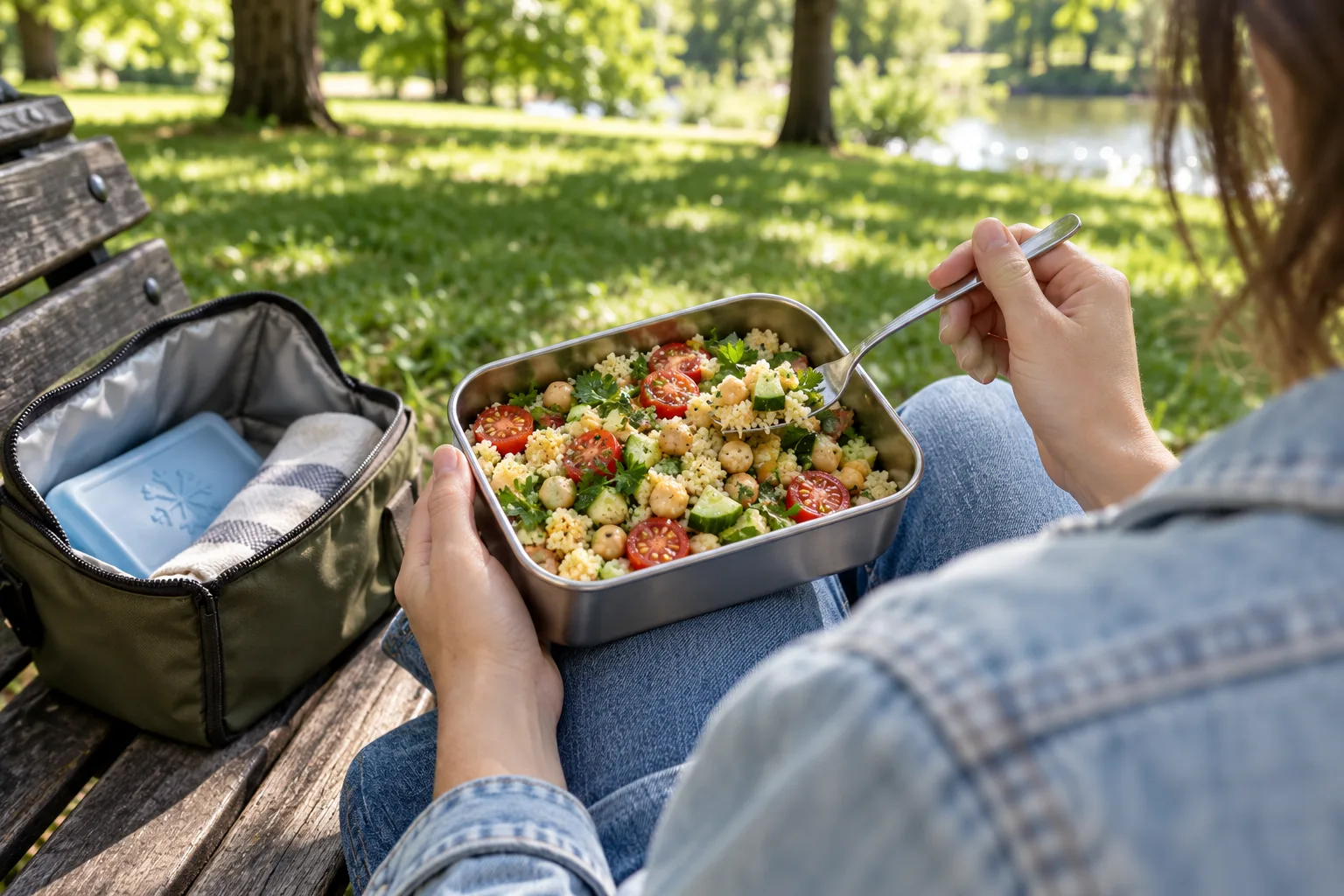 A chickpea couscous lunch in a steel container on a park bench.