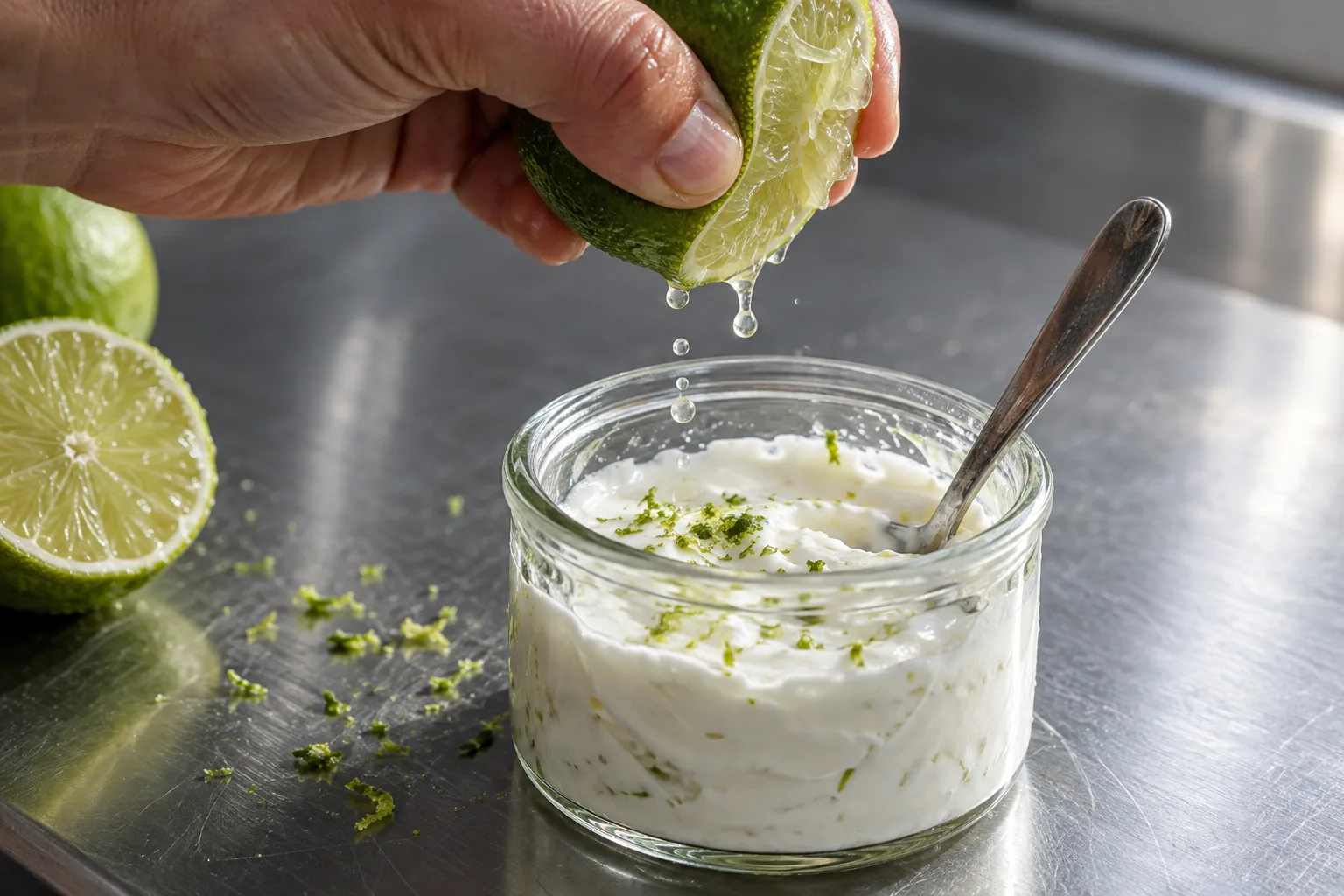 Lime juice being squeezed into a glass jar of yogurt dressing.
