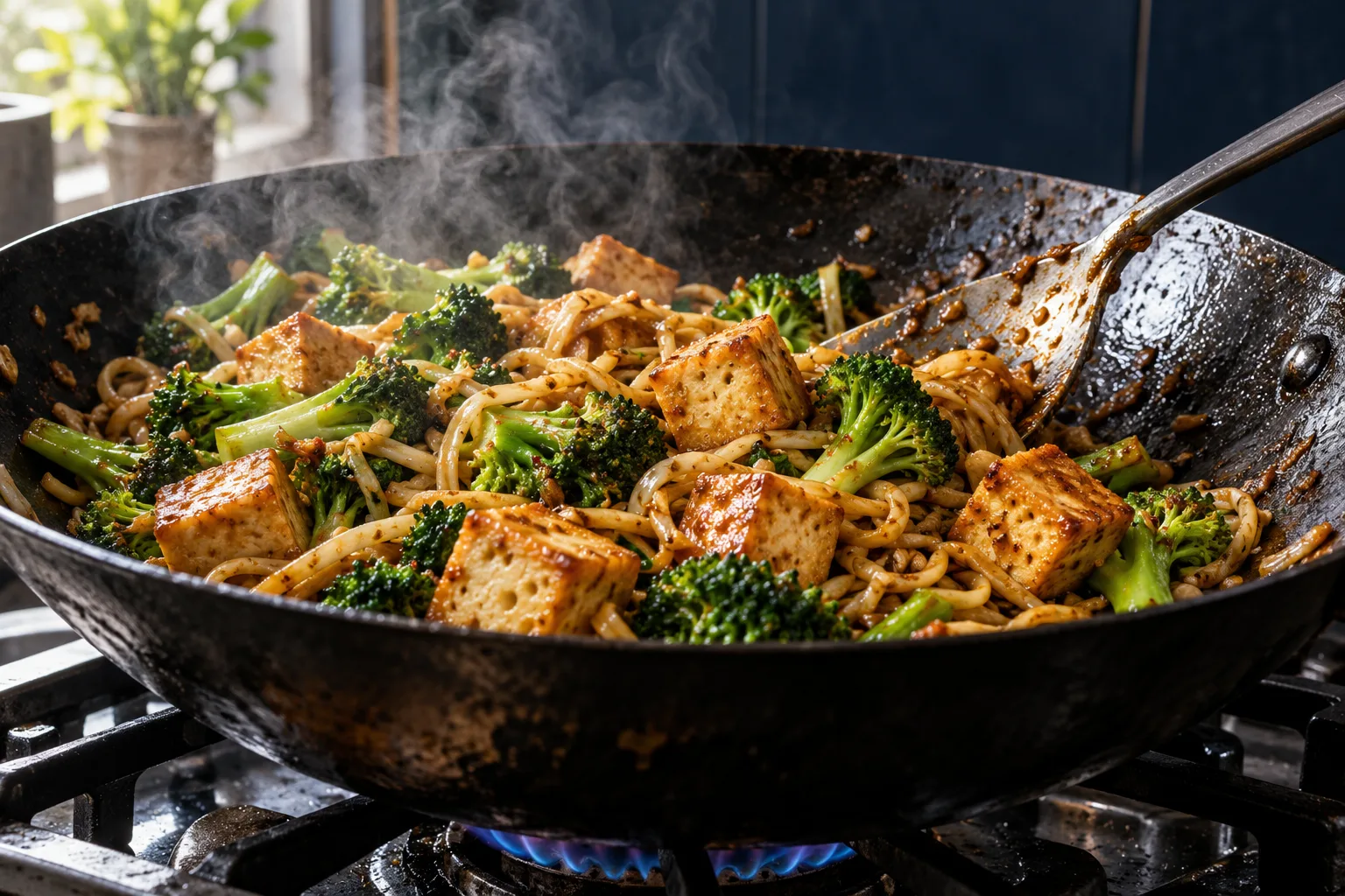 Browned tofu, broccoli and noodles cooking in a wok.