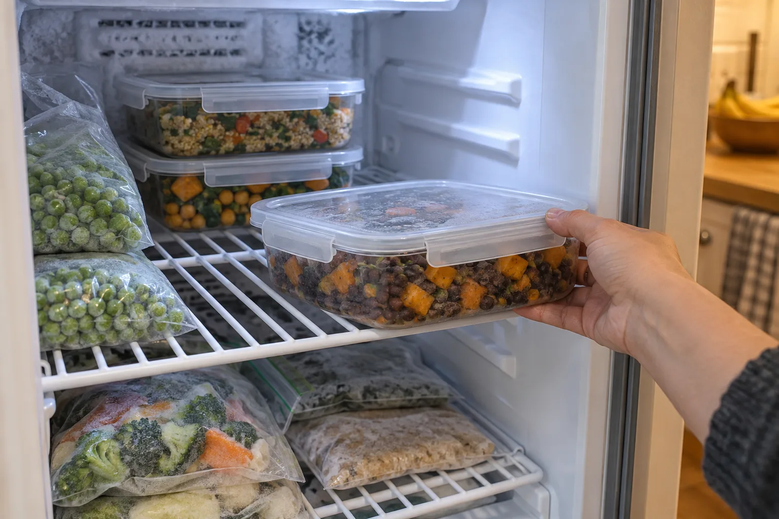 A sealed container of sweet potatoes and black beans being placed in a freezer.