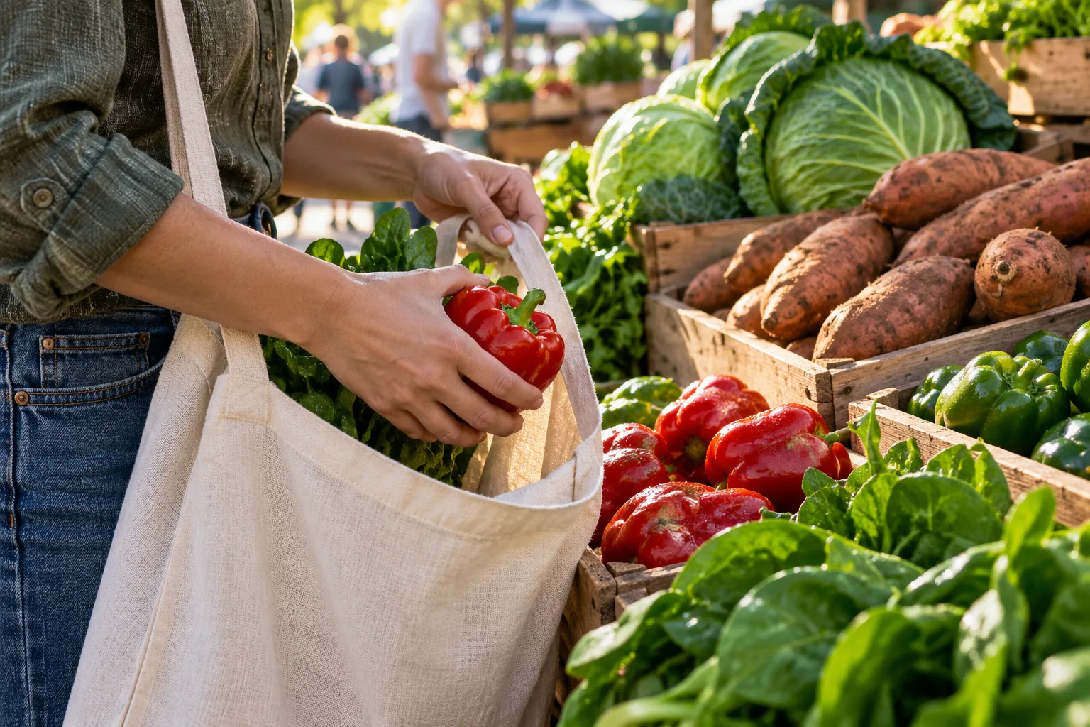 A shopper putting a bell pepper into a tote at a vegetable market.