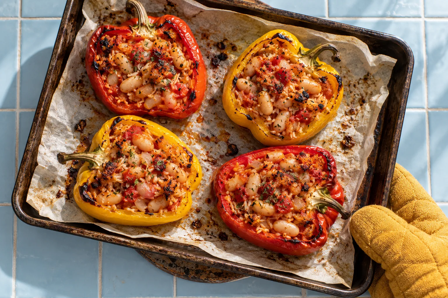 Roasted pepper halves filled with white beans, rice and tomato sauce.
