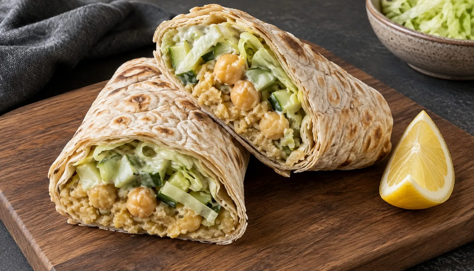 Thin lavash filled with mashed chickpeas, iceberg lettuce, cucumber, and yogurt dressing